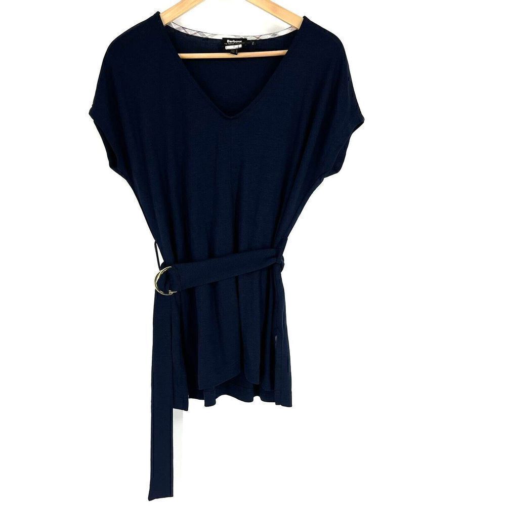 Barbour Top Size 6 Womens Navy Heriot Tartan Collection Shirt Short Sleeve Belt